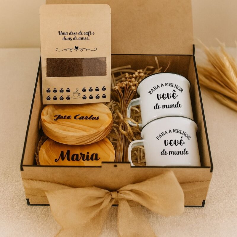 kit afeto com pires de madeira gravado a laser e sachê de café