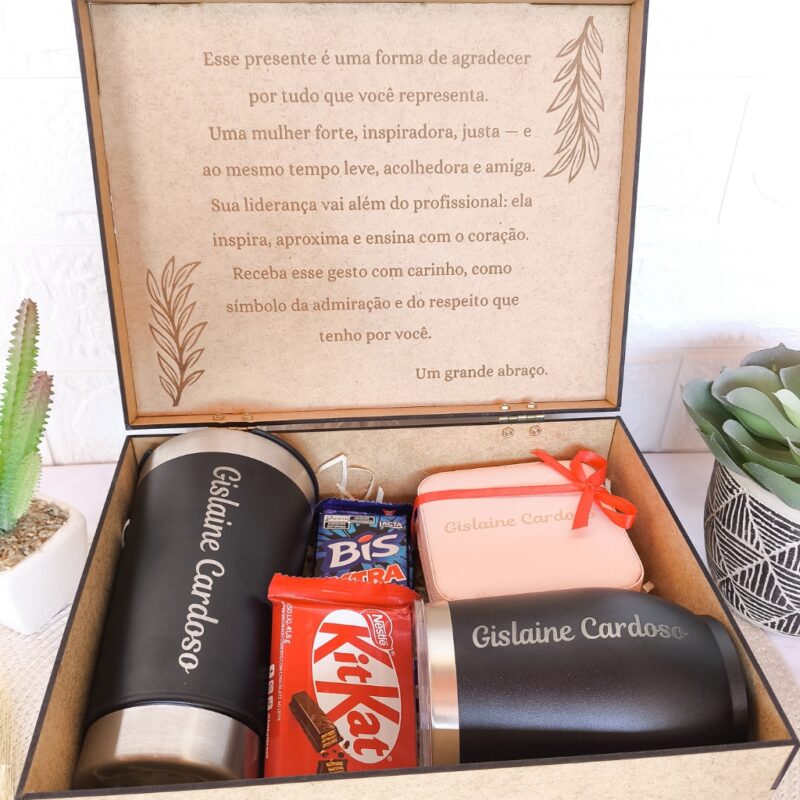 kit presente doce aconchego com copos gravados e caixa MDF personalizada