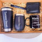 kit presente completo com copos térmicos, caneta e chaveiro gravados a laser