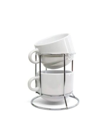 torre com xícaras de cerâmica personalizada 180ml e suporte de metal