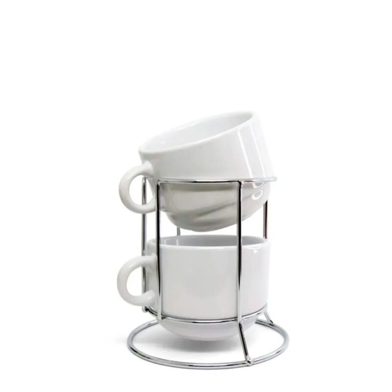 torre com xícaras de cerâmica personalizada 180ml e suporte de metal